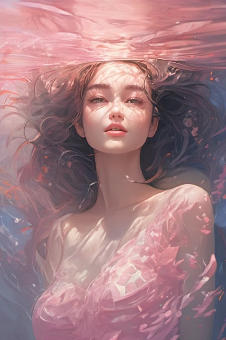 (masterpiece, top quality, best quality, official art, beauty and aesthetics: 1.2), extreme detail, surrealism, (fractal art: 1.3), rich colors, highest detail, 1 girl, (navel, tailored clothes, bikini: 1.4), underwater, long hair, pink hair, silver hair, queen's crown