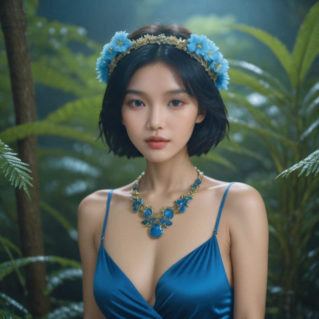 , fashion photography portrait of woman avatar, 1girl in blue lush Alien Rainforest with flowers and birds, fantasy, octane render, hdr, Dolby Vision, (intricate details, hyperdetailed:1.2), (natural skin texture, hyperrealism, soft light:1.2), fluffy short hair, , sharp focus, night, necklace, Chinese mythology, cleavage, medium breasts, sci-fi headband, looking at viewer, best quality, perfect body
