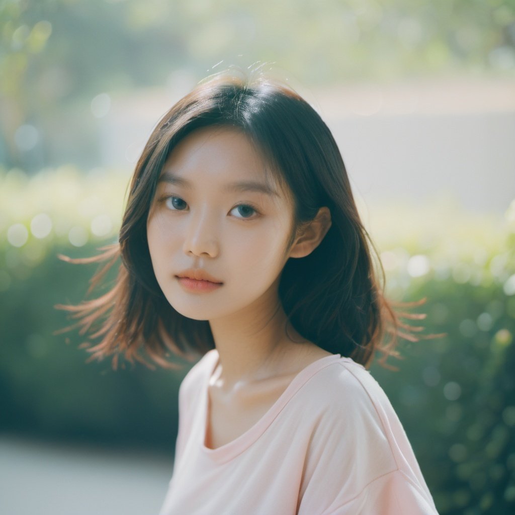 (1 girl solo, thai 22yo:1.2), (look at viewer:1.2),(loose oversize t-shirt:1.2), luminous skin, enchanting gaze, natural lighting, shallow depth of field, dreamy pastel palette, whimsical details, captured on film