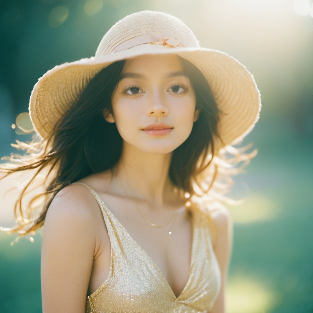 Best portrait photography, 35mm film, natural blurry, 1girl, sun dress, wide brimmed hat, radiant complexion, whimsical pose, fluttering hair, golden sunlight, macro shot, shallow depth of field, bokeh, dreamy