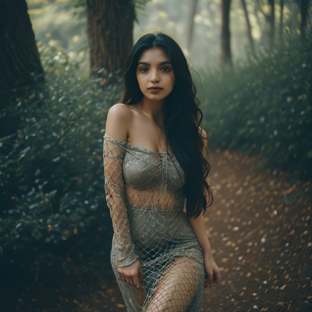  Best portrait photography, RAW photo, 8K UHD, film grain, cinematic lighting, elegant 1girl, offshoulder dress, (natural skin texture), intricate (fishnet stockings), forest, natural pose, embellishments, cinematic texture, 35mm lens, shallow depth of field, silky long hair