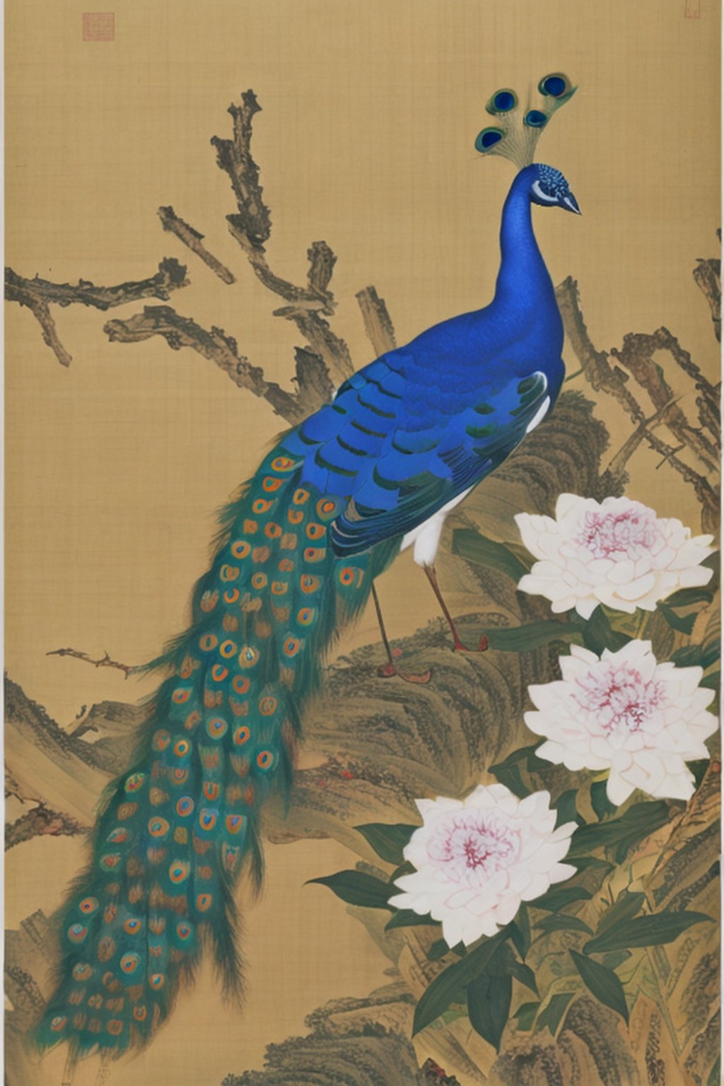 A peacock, with its vibrant feathers, stands among pine trees and peony flowers, The image is kept simple, divided into three equal sections, capturing the essence of traditional Chinese painting, masterpiece, high_res, extremely detailed