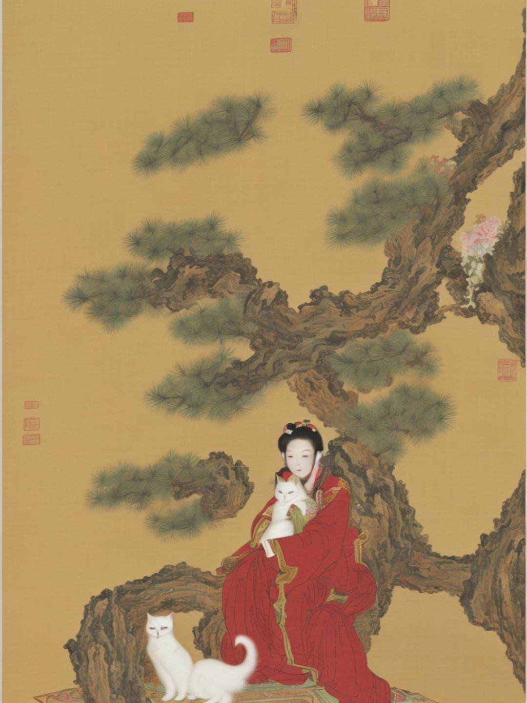 painting of one chinese women, sitting on the chair, full body, blue Chinese clothes, hanfu, (mingstyle), white cat, among pine trees and peony flowers, traditional Chinese painting, masterpiece, high_res, extremely detailed