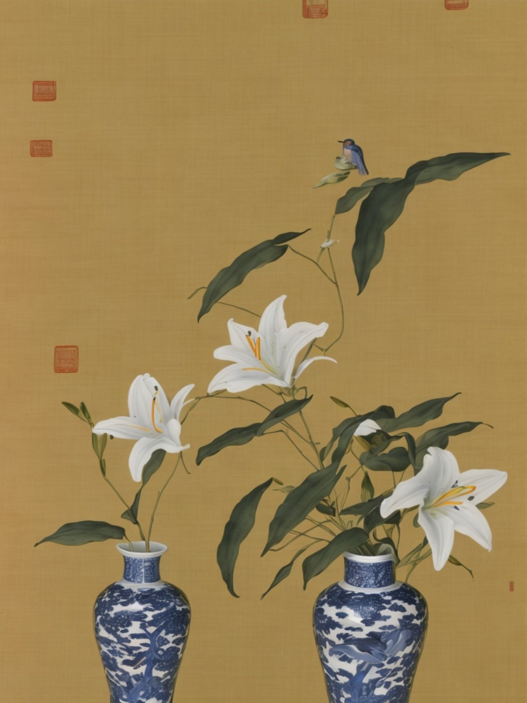 A vase, decorated in blue and white porcelain, holds lilies, their leaves drooping down, There are pine trees in the background, with birds flying and butterflies fluttering, reflecting the charm of traditional Chinese painting