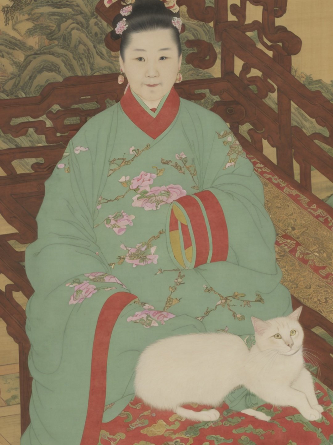 Portrait of 1 chinese women, full body, detailed face and eyes, beaufitul, Chinese clothes, hanfu, mingstyle, sitting on the chair, holding a cat, simple background, traditional Chinese painting, masterpiece, high_res, extremely detailed