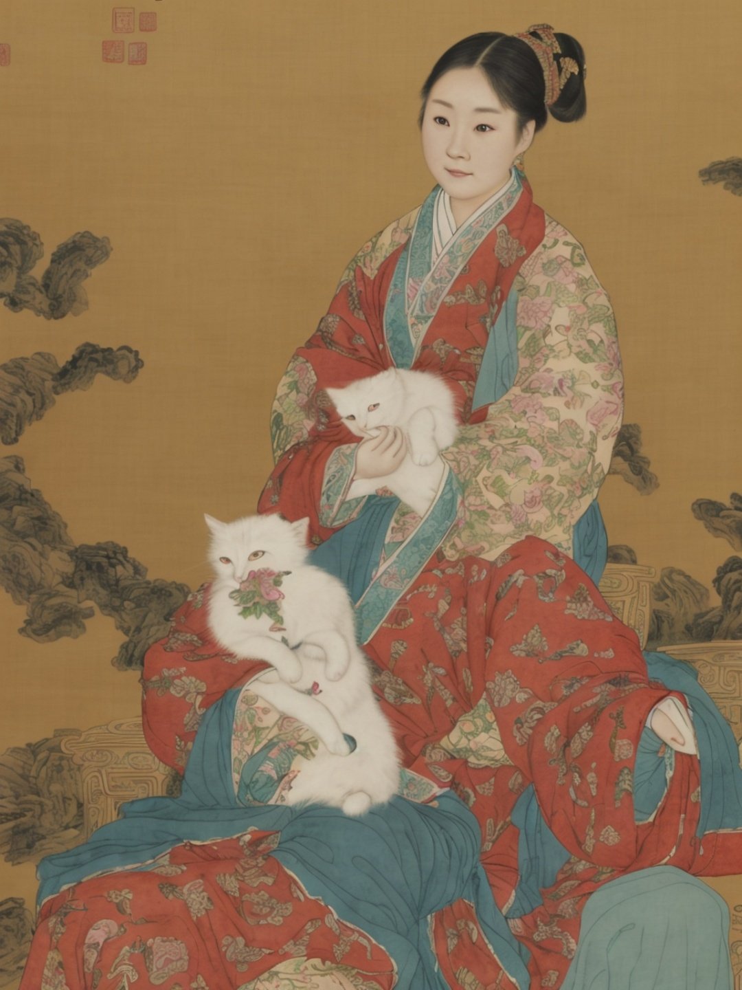 Portrait of 1 chinese women, close up, detailed face and eyes, beaufitul, Chinese clothes, hanfu, sitting on the chair, holding a cat, simple background, traditional Chinese painting, masterpiece, high_res, extremely detailed