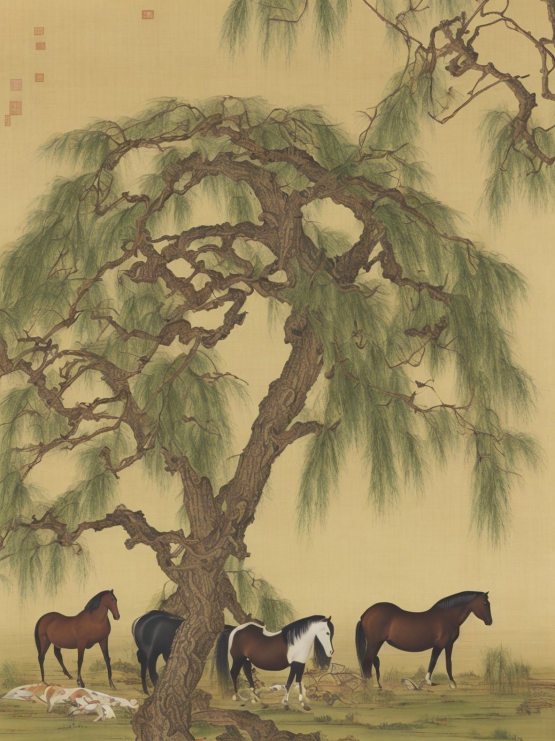 Two horses stand under a (willow tree), with grass and a stream on the ground, the two horses are nestled together, (close up), their actions intimate, a horseman sits by the tree, creating a contented atmosphere, reminiscent of traditional Chinese painting, masterpiece, high_res, extremely detailed