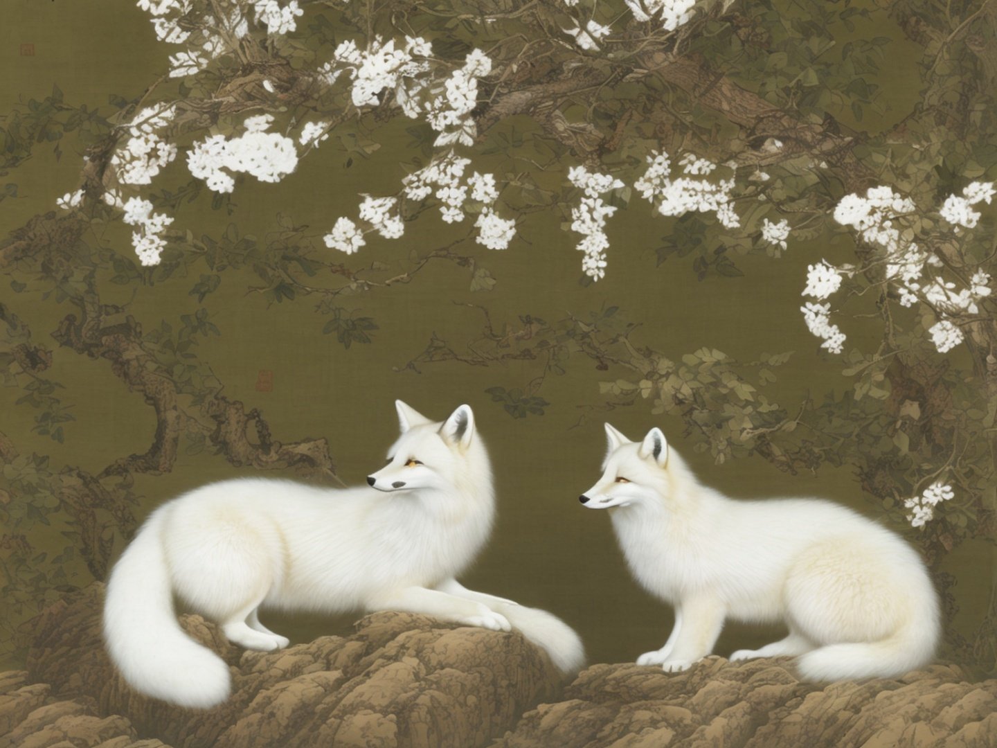 (one white fox), fluffy fur, (charming posture), dynamic pose, lying on a large rock, (a butterfly flying above its head, bioluminescent), traditional Chinese painting, masterpiece, high_res, extremely detailed