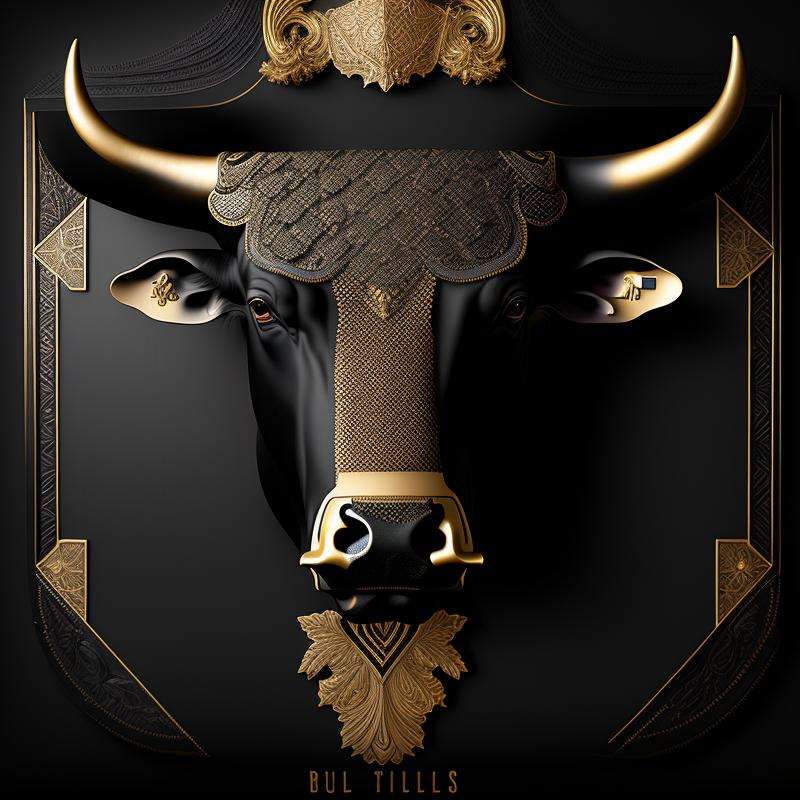 black gold, bull, looking camera, intricately carved, glossy black, matte black, gilding, volumetric shadows, artificial patterns, embossing, international typographic style 16K, intricate  <lora:GoldyBlack_v1.0:1>