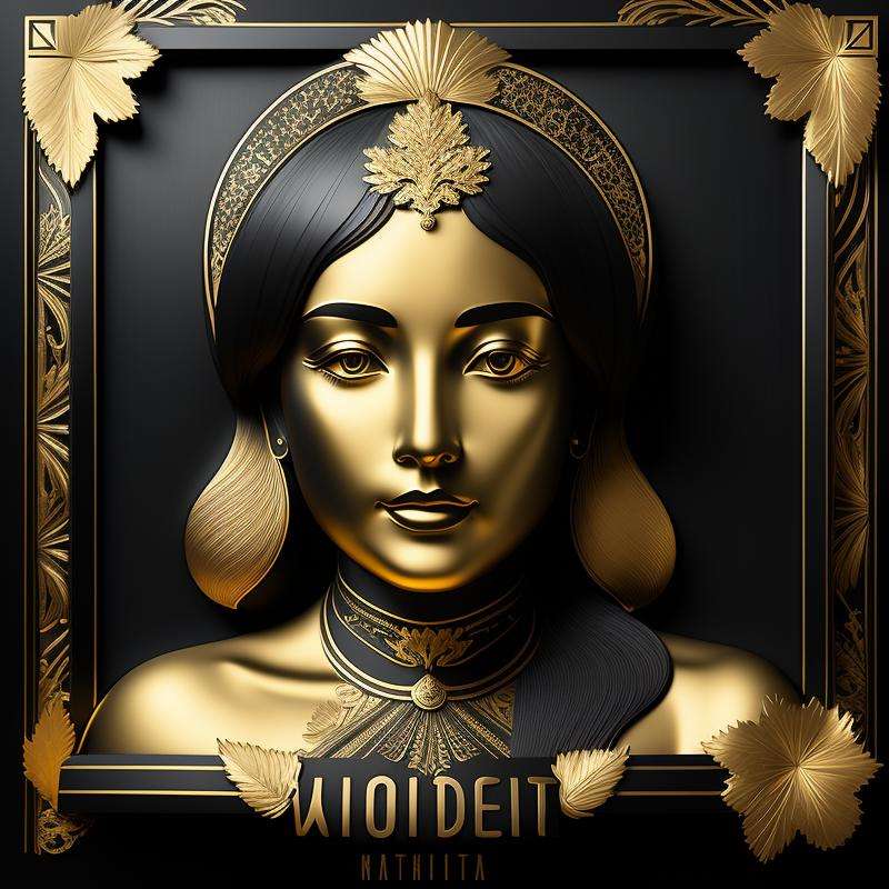 a golden woman on a matte black background with a gold border around, with a decorative intricate border around, matte gold leaf, very highly detailed digital art, a 3D render, international typographic style 16K  <lora:GoldyBlack_v1.0:1>