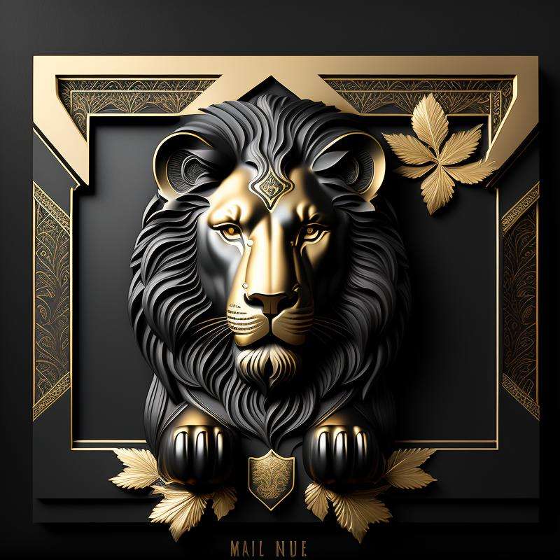 a golden lion on a matte black background with a gold border around, with a decorative intricate border around, matte gold leaf, very highly detailed digital art, a 3D render, international typographic style 16K  <lora:GoldyBlack_v1.0:1>