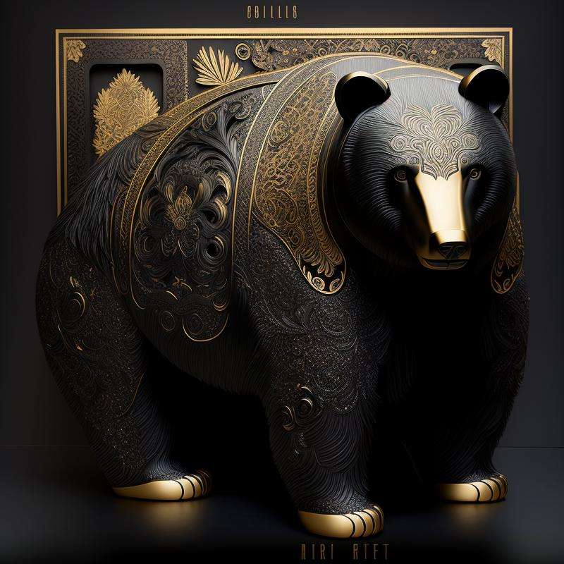 black gold, bear, full body, looking away, intricately carved, matte black, gilding, volumetric shadows, artificial patterns, international typographic style 16K, intricate  <lora:GoldyBlack_v1.0:1>