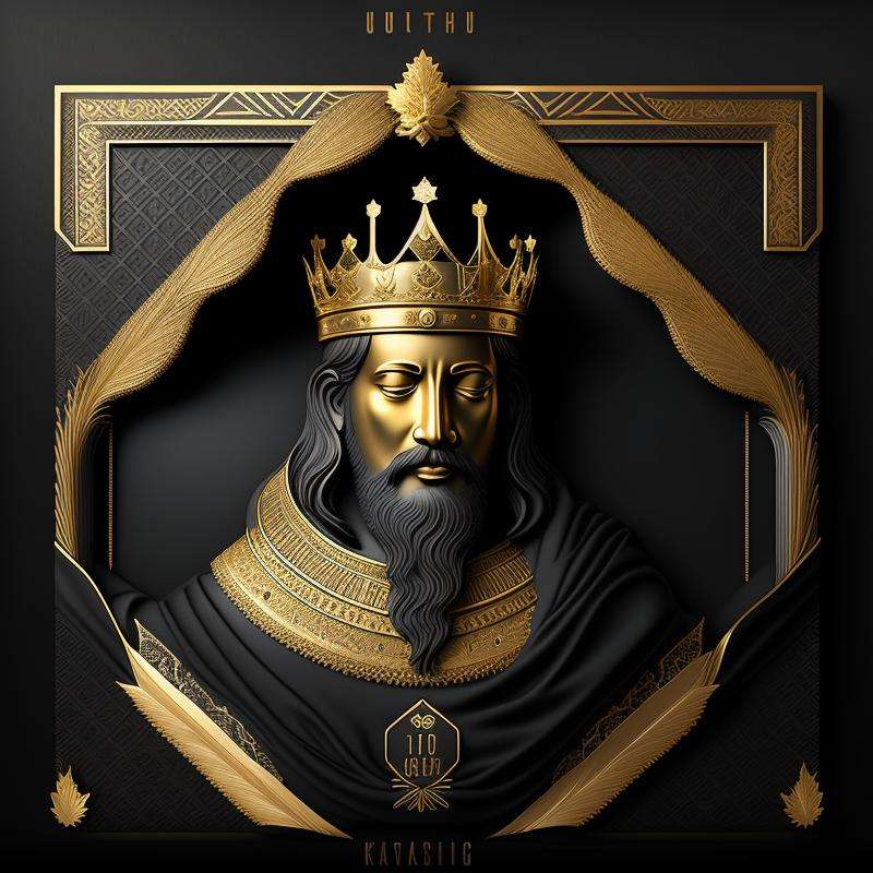 a golden king on a matte black background with a gold border around, with a decorative intricate border around, matte gold leaf, very highly detailed digital art, a 3D render, international typographic style 16K  <lora:GoldyBlack_v1.0:1>