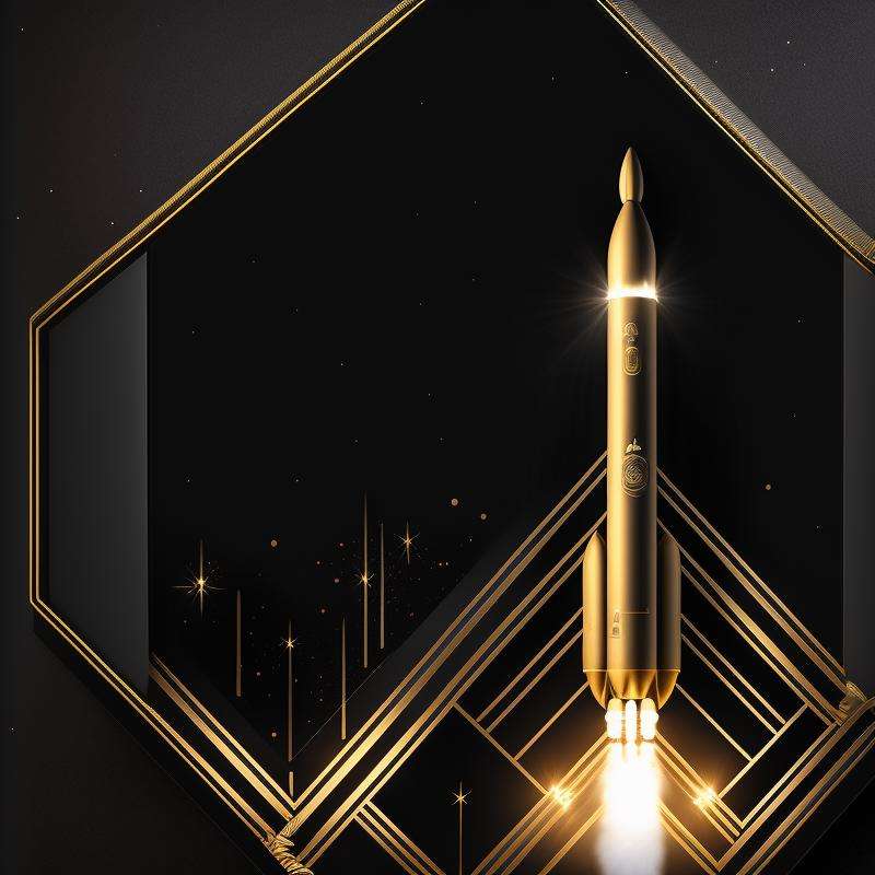 engraving of a rocket taking off on a matte black background, gold ornament, deep shadows <lora:GoldyBlack_v1.0:1>