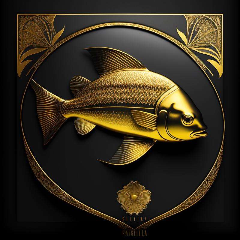 a golden fish on a matte black background with a gold border around, with a decorative intricate border around, matte gold decorative pattern, very highly detailed digital art, international typographic style 16K, intricate 8K <lora:GoldyBlack_v1.0:1>