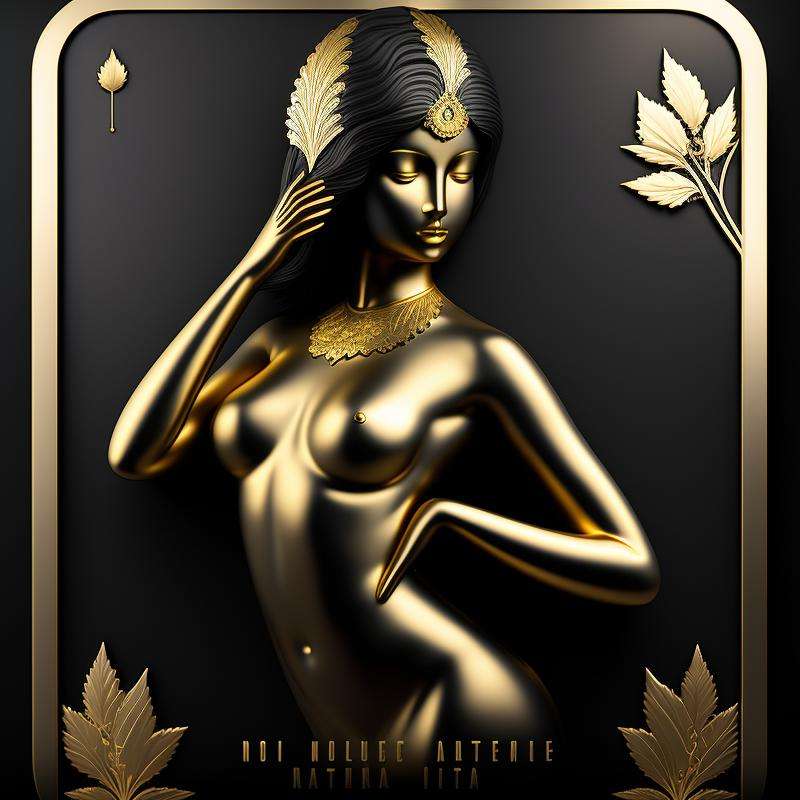 a golden naked woman on a matte black background with a gold border around, with a decorative intricate border around, matte gold leaf, very highly detailed digital art, a 3D render, international typographic style 16K  <lora:GoldyBlack_v1.0:1>