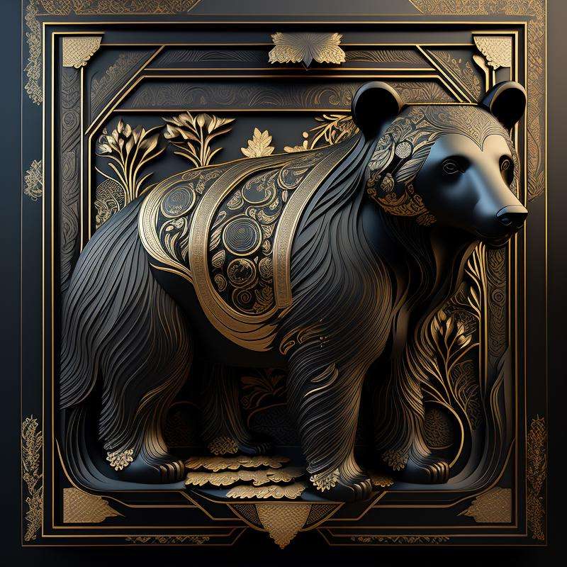 black gold, bear, full body, looking away, intricately carved, matte black, gilding, volumetric shadows, artificial patterns, with a decorative intricate border around, matte black and gold ornament, very highly detailed digital art, a 3D render, 16K  <lora:GoldyBlack_v1.1:1>