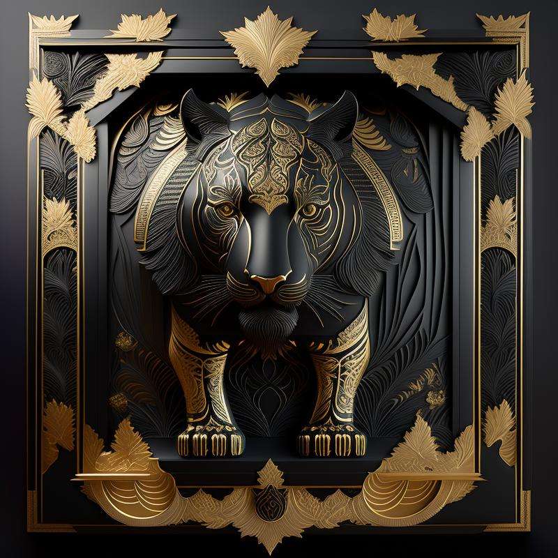 black gold, tiger full body, looking away, intricately carved, matte black, gilding, volumetric shadows, artificial patterns, with a decorative intricate border around, matte black and gold ornament, very highly detailed digital art, a 3D render, 16K  <lora:GoldyBlack_v1.1:1>