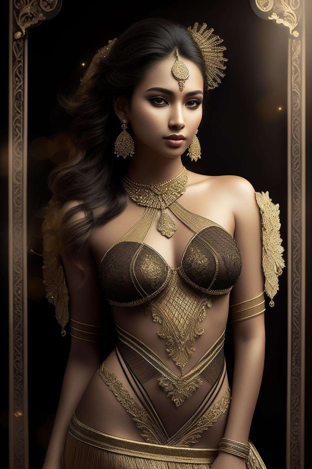 HyperSmoke, award winning full body portrait photo of an young gold woman, bokeh, backlit, (brown color in detail:1.1), elegant atmosphere, realistic, intricate details, true skin tone, skin pore, healthy skin <lora:GoldyBlack_v1.1:1>