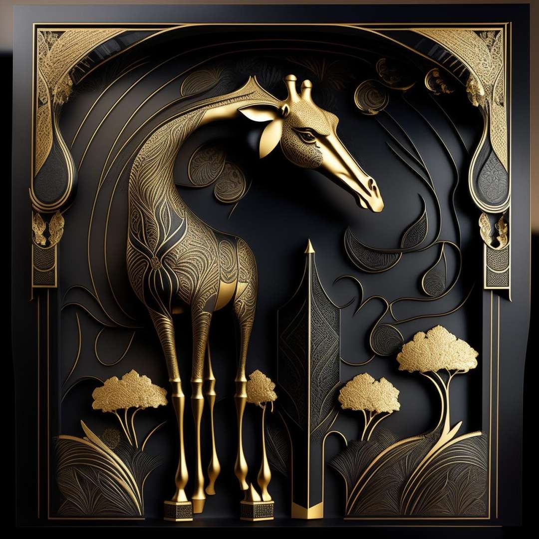 black gold, giraffe, full body, looking away, intricately carved, glossy black, matte black, gilding, volumetric shadows, artificial patterns, embossing  <lora:GoldyBlack_v1.1:1>