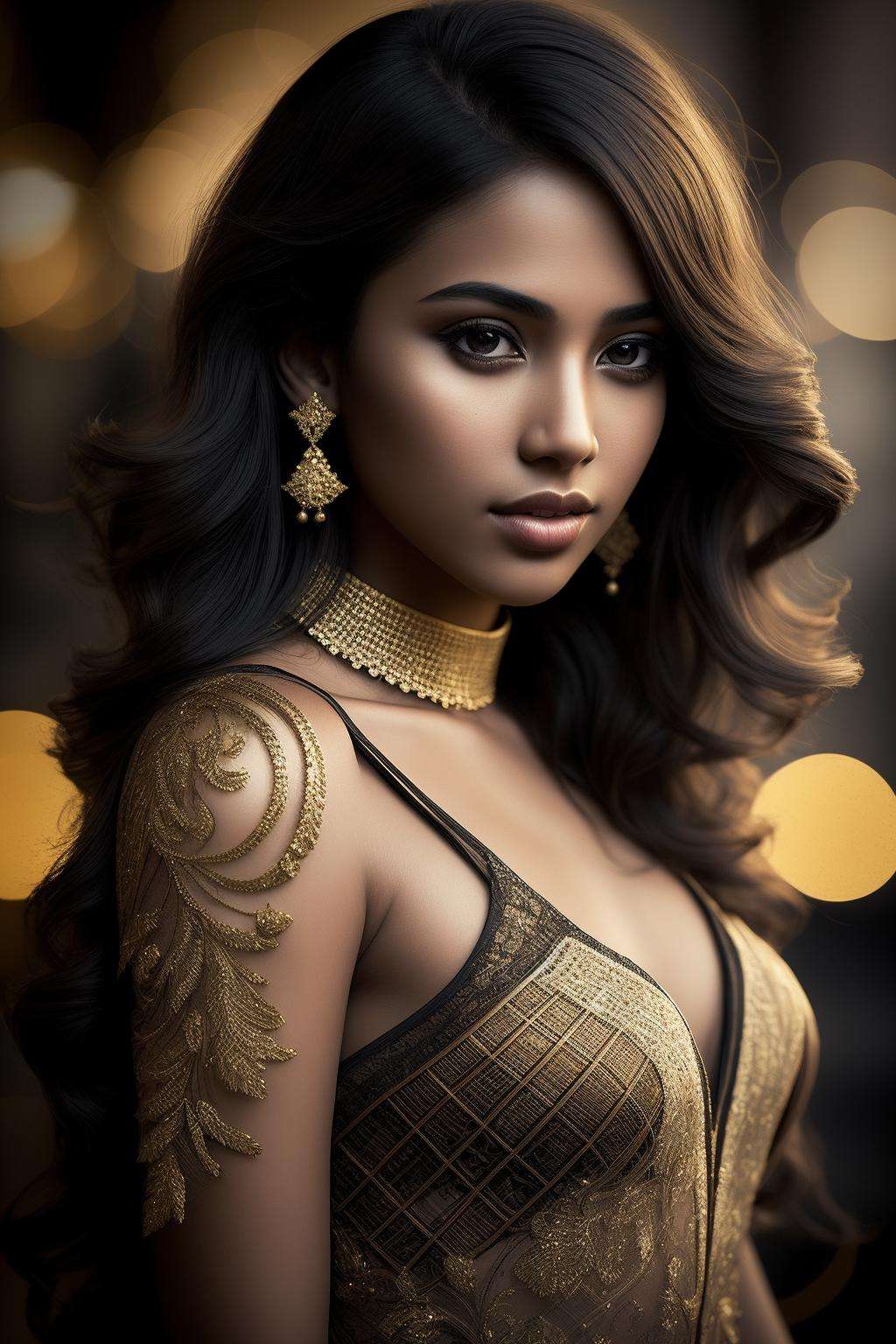 HyperSmoke, award winning portrait photo of an young gold woman, bokeh, backlit, (brown color in detail:1.1), elegant atmosphere, realistic, intricate details, true skin tone, skin pore, healthy skin <lora:GoldyBlack_v1.1:1>