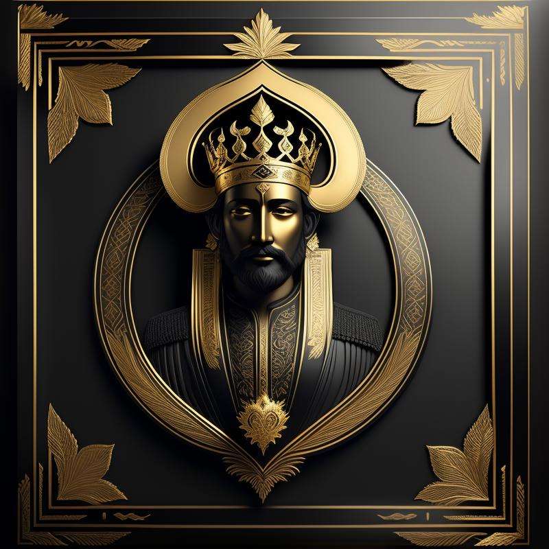 a golden king men on a matte black background with a gold border around, with a decorative intricate border around, matte gold leaf, very highly detailed digital art, a 3D render, 16K  <lora:GoldyBlack_v1.1:1>