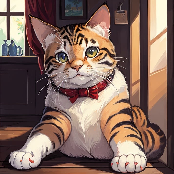 masterpiece, best quality, feline, flat color, oil painting style