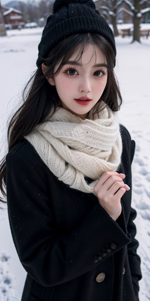 big eyes, soft cheek ,red lip, masterpiece, best quality,1girl, solo, black hair, scarf, hat, realistic, looking at viewer, black eyes, long hair, coat, winter clothes, white scarf, lips, bangs, outdoors, closed mouth, upper body,jennierubyjenes