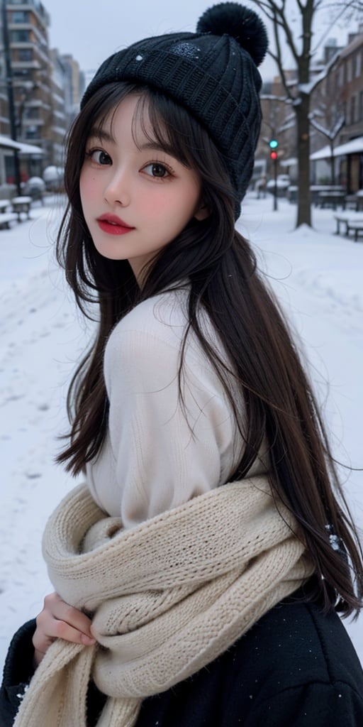 big eyes, soft cheek ,red lip, masterpiece, best quality,1girl, solo, black hair, scarf, hat, realistic, looking at viewer, black eyes, long hair, coat, winter clothes, white scarf, lips, bangs, outdoors, closed mouth, upper body,jennierubyjenes