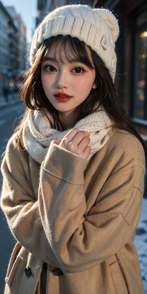 big eyes, soft cheek ,red lip, masterpiece, best quality,1girl, solo, black hair, scarf, hat, realistic, looking at viewer, black eyes, long hair, coat, winter clothes, white scarf, lips, bangs, outdoors, closed mouth, upper body,jennierubyjenes