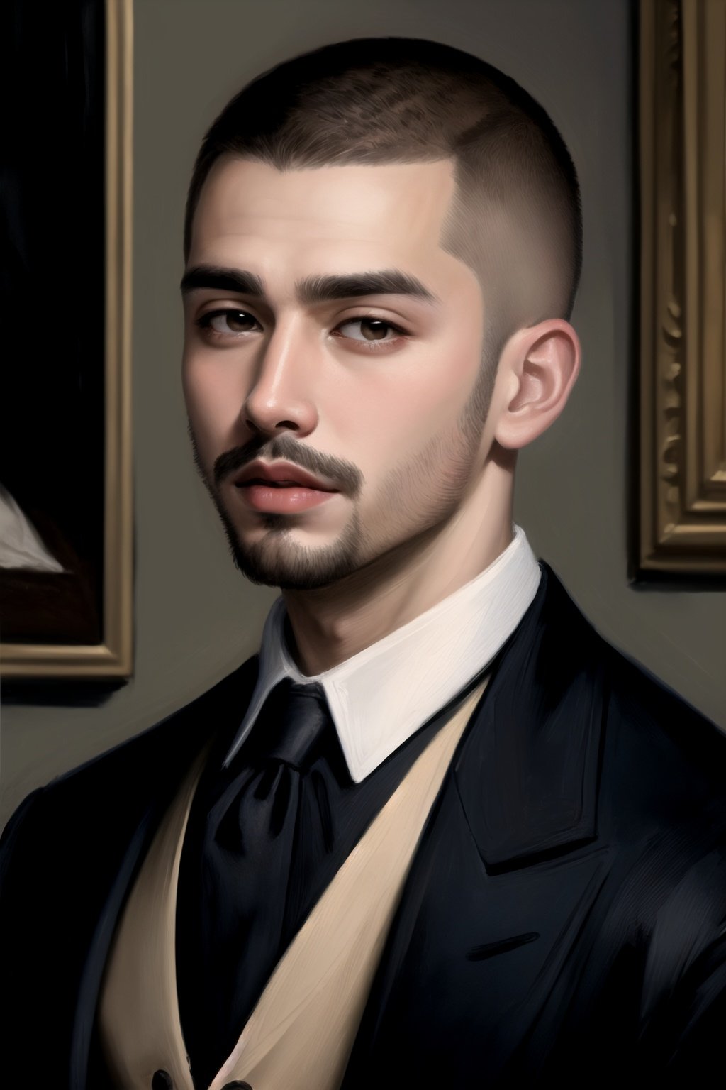 big eyes, red lip, masterpiece, buzzcut hairstyle, hispanic man, dark hair color, man, oil painting style