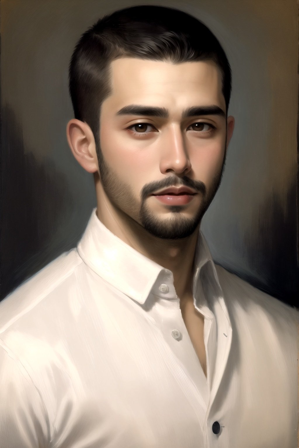 big eyes, red lip, masterpiece, buzzcut hairstyle, hispanic man, dark hair color, man, oil painting style