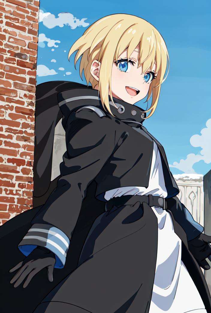 <lora:iris_coat_ver1.0:0.7>,  blue eyes, blonde hair ,nun, gloves, long sleeves, dress, black robe, (black long coat:1.3),short hair, outdoors, red fire, (blue sky:1.4), open mouth, smile, masterpiece, best quality, ultra-detailed, high resolution, super detailed skin, perfect anatomy, detailed,close the front of one's clothes