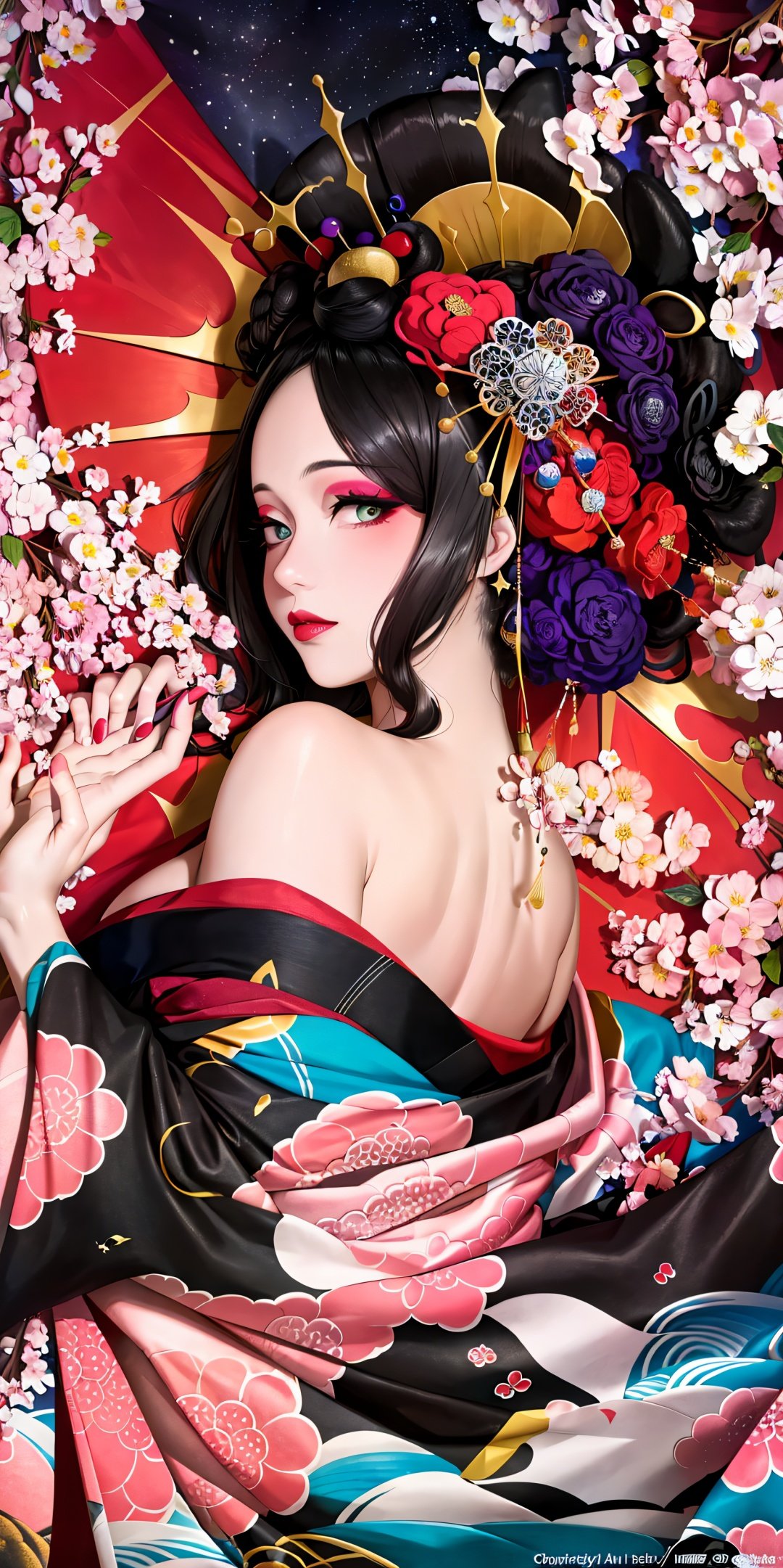 <lora:Oiran-13:0.7>, (Masterpiece, Best Quality:1.3), (thick lineart), (faux traditional media), highres, official art, best illustration, (8k resolution), oiran, 1girl, mature female, solo, japanese clothes, from above, breasts, obi, stylish, intricate, fantastic, fairytale, fantasy art, (detailed face),  lying on a bed of flowers, on back, (lovely eyes, looking at viewer, lipstick), very long hair, voluminous, low ponytail, depth of field, silhouette, perfect, makeup, lovely, (details:1.2), camellia, various colors, vivid, colorful, shiny, sky, stars, lumen global illumination, (background in the style of Hokusai Katsushika:1.3), water, ripples