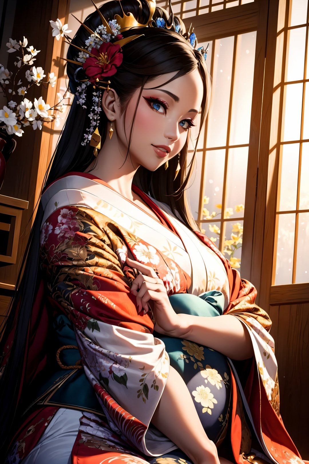 <lora:Oiran-13:0.6>, (Masterpiece, Best Quality:1.3), highres, Manga, cowboy shot, (ultra-detailed), highly detailed portrait of a beautiful queen, long hair, sitting, fetal_position, [upright], curvy, (1girl), ((lips)), (nose), ((long face)), mature female, blossom tree, seductive, elegant, stylish, sultry, sexy, grin, looking at viewer, (japanese clothes), laurel crown, (chiton:0.7), flowers, soft makeup, textured, patterned, cinematic, trending on artstation, dynamic posture, wide shot, dramatic lighting:1.1, (gradients), nature, (perfect face), outline, sharp focus, warmth, light particles, (depth of field), (intricate details:1.2), (extremely detailed background), east asian architecture