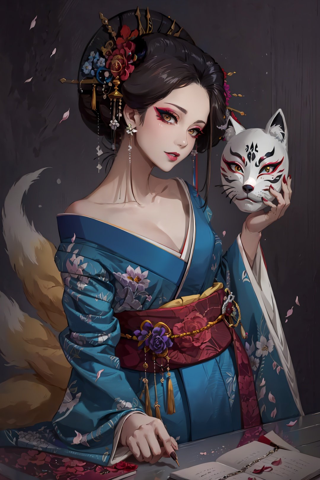 <lora:Oiran-10:0.8>, (Masterpiece, Best Quality:1.3), highres, (Traditional media), (2d:1.3), graphite \(medium\), manga, fantasy, oiran, from above, (ultra-detailed photo shoot of a beautiful geisha),  upper body, sitting, cushion, pose, curvy, (1girl), (lips), mature female, villain, stylish, evil smile, seductive, elegant, stylish, sultry, sexy, (looking at viewer, detailed eyes:1.2), ((uchikake)), very long hair, sidelocks, bangs, black kimono, floral print, holding kiseru, smoke, wide sleeves, (kanzashi), head tilt, sexy eyes, black eyeshadow, nail polish, jewelry, (holding mask:1.3), contrast:0.4, flowers, geisha, makeup, brown eyes, (focus face), eyeliner, mascara, lipstick, print kimono, sash, cinematic, dynamic posture, wide shot, dramatic lighting:1.1, vivid, (gradients), (studio lighting:1.1), rim lighting:1.3, nature, (perfect face), perfect symmetry), dramatic, (fox mask:1.3), sharp focus, warmth, light particles, (depth of field), intricate, (details:1.2), sketch, soft glow:0.7, (dark room:1.4, shadow), (colorful), (blue background:1.1), falling petals, calendar \(medium\), night, black background:1.3), (warmth), ((( pastel colors