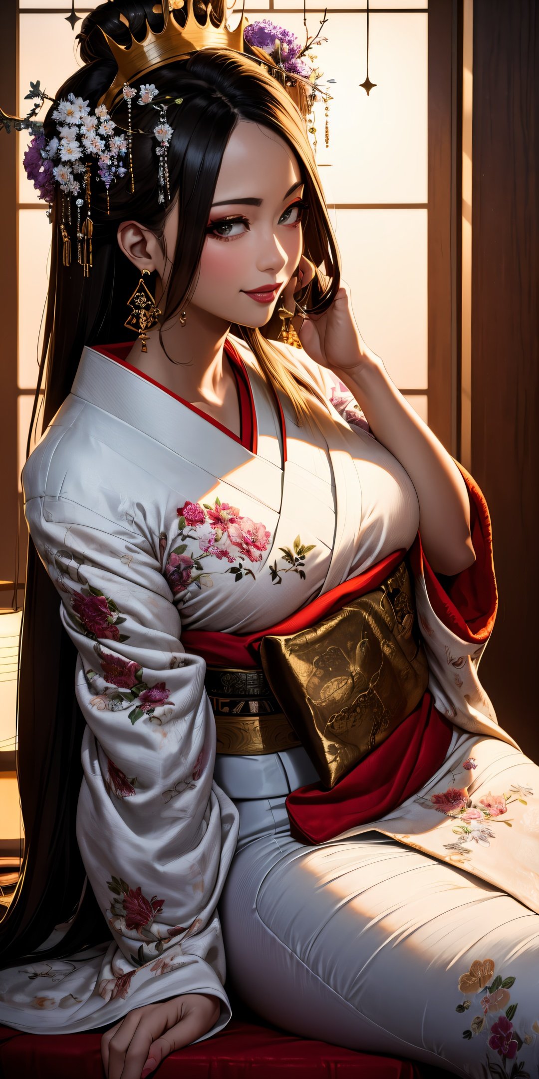 <lora:Oiran-13:0.6>, (Masterpiece, Best Quality:1.3), highres, Manga, cowboy shot, (ultra-detailed), highly detailed portrait of a beautiful queen, long hair, sitting, fetal_position, [upright], curvy, (1girl), ((lips)), (nose), ((long face)), mature female, blossom tree, seductive, elegant, stylish, sultry, sexy, grin, looking at viewer, (japanese clothes), laurel crown, (chiton:0.7), flowers, soft makeup, textured, patterned, cinematic, dynamic posture, wide shot, dramatic lighting:1.1, (gradients), nature, (perfect face), outline, sharp focus, warmth, light particles, (depth of field), (intricate details:1.2), (extremely detailed background), east asian architecture