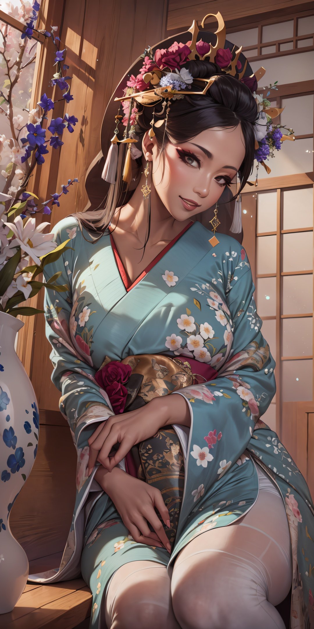 <lora:Oiran-13:0.7>, (Masterpiece, Best Quality:1.3), highres, Manga, cowboy shot, (ultra-detailed), highly detailed portrait of a beautiful queen, long hair, sitting, fetal_position, [upright], curvy, (1girl), ((lips)), (nose), ((long face)), mature female, blossom tree, seductive, elegant, stylish, sultry, sexy, grin, looking at viewer, (japanese clothes), laurel crown, (chiton:0.7), flowers, soft makeup, textured, patterned, cinematic, dynamic posture, wide shot, dramatic lighting:1.1, (gradients), nature, (perfect face), outline, sharp focus, warmth, light particles, (depth of field), (intricate details:1.2), (extremely detailed background), east asian architecture