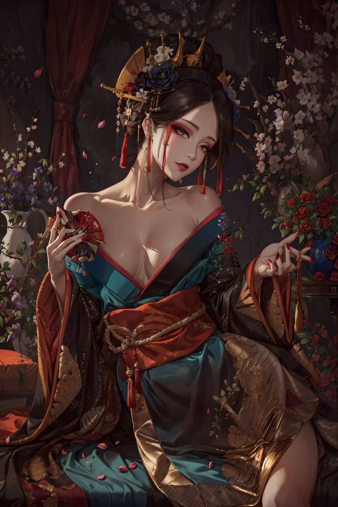 <lora:Oiran-13:0.8>, (Masterpiece, Best Quality:1.3), highres, (Traditional media), (2d:1.3), graphite \(medium\), manga, fantasy, oiran, from above, (ultra-detailed photo shoot of a beautiful geisha),  upper body, sitting, cushion, pose, curvy, (1girl), (lips), mature female, villain, stylish, evil smile, seductive, elegant, stylish, sultry, sexy, (looking at viewer, detailed eyes:1.2), ((uchikake)), very long hair, sidelocks, ponytail, black kimono, floral print, holding kiseru, smoke, wide sleeves, (kanzashi), head tilt, sexy eyes, black eyeshadow, nail polish, (holding mask:1.3), contrast:0.4, flowers, geisha, makeup, brown eyes, (focus face), eyeliner, mascara, lipstick, print kimono, sash, cinematic, dynamic posture, wide shot, dramatic lighting:1.1, vivid, (gradients), (studio lighting:1.1), rim lighting:1.3, nature, (perfect face), perfect symmetry), dramatic, fox mask, sharp focus, warmth, light particles, (depth of field), intricate, (details:1.2), sketch, soft glow:0.7, (dark room:1.4, shadow), (colorful), (blue background:1.1), falling petals, calendar \(medium\), night, black background:1.3)