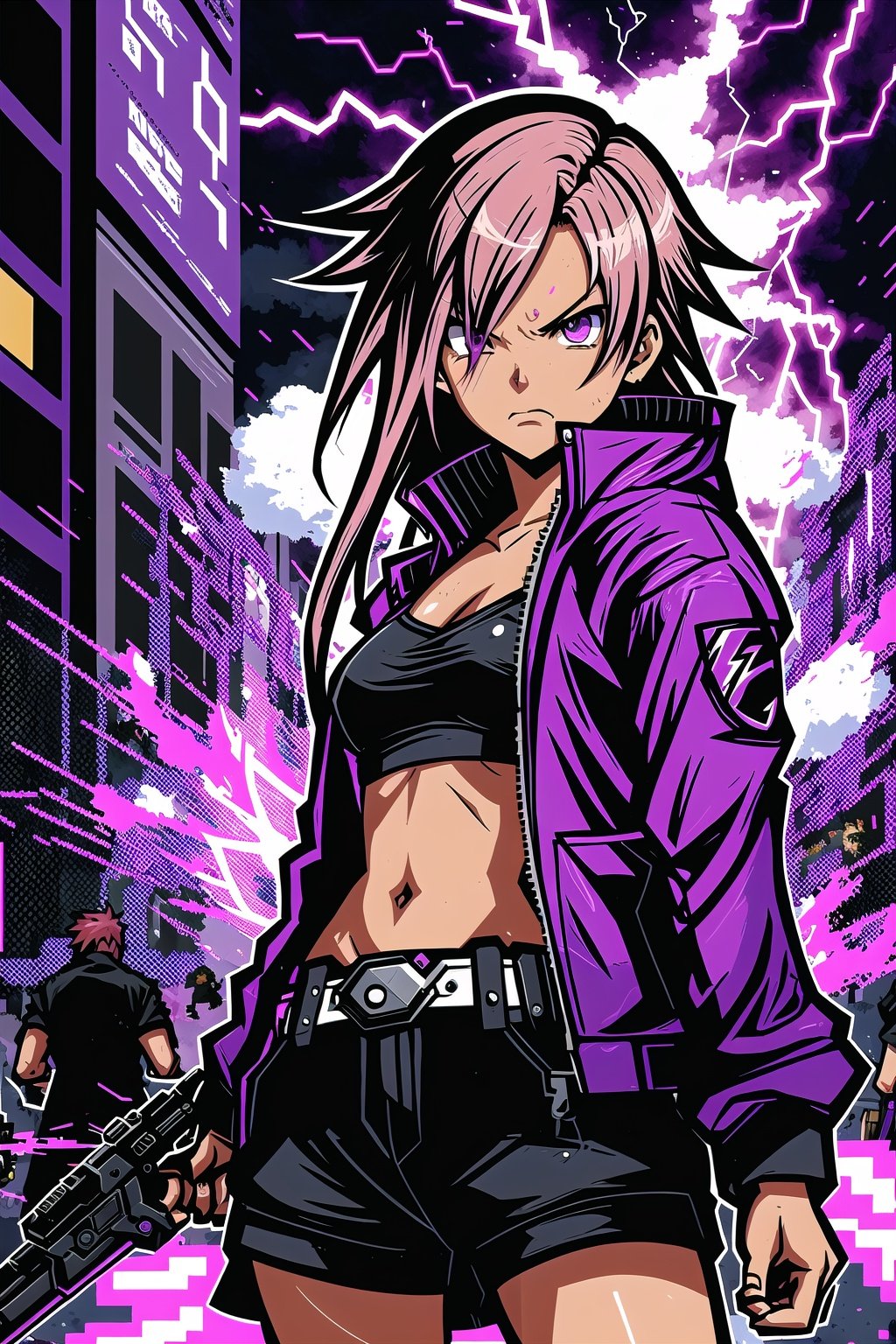 pixel art, guiltys, angry, a girl, purple eyes, pink hair, posing, upper body, (bokeh:1.1), depth of field, by Akihiko Yoshida, tracers, vfx, splashes, lightning, light particles, thematic background, illustration, poster,hyperanim