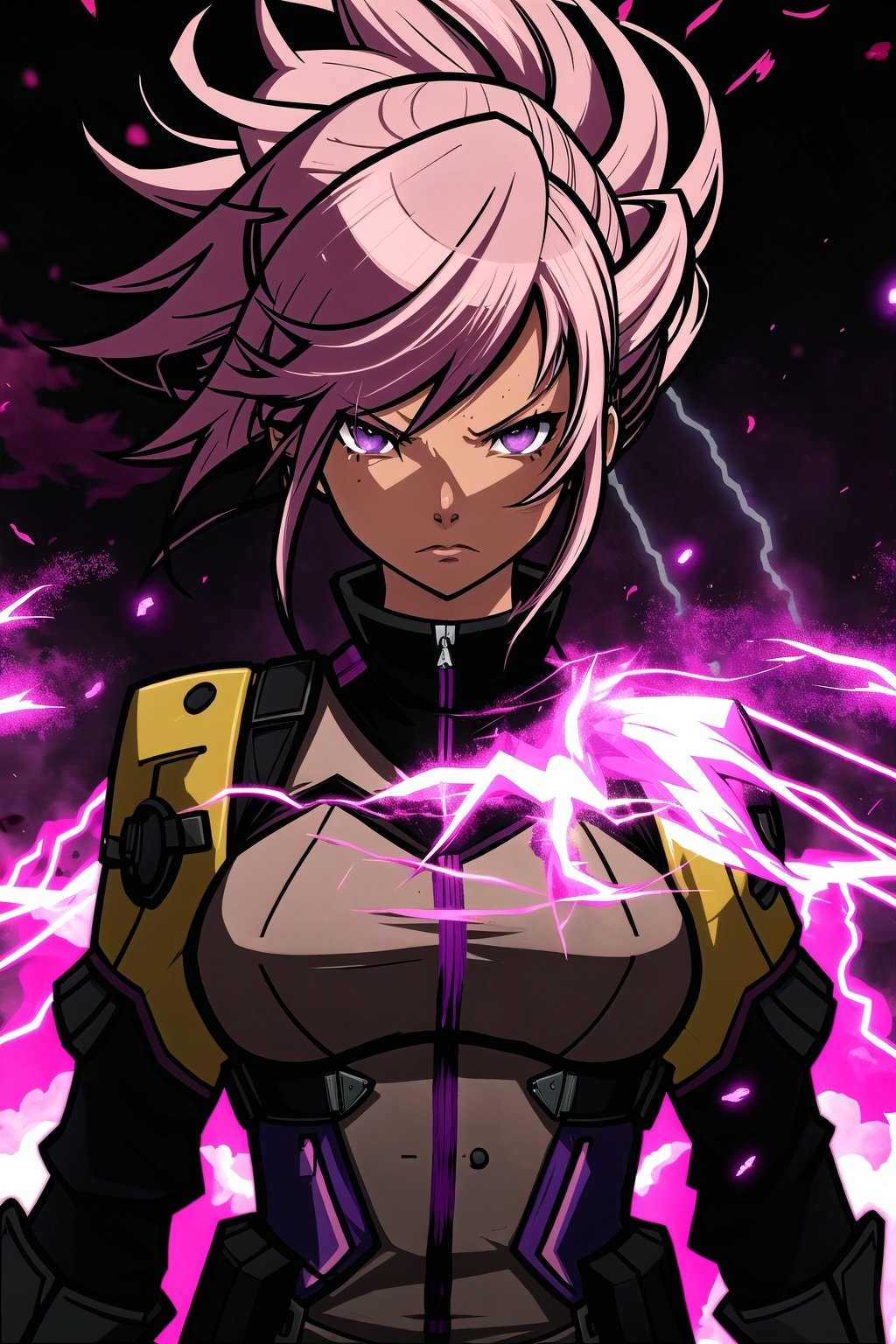 guiltys, angry, a girl, purple eyes, pink hair, posing, upper body, (bokeh:1.1), depth of field, by Akihiko Yoshida, tracers, vfx, splashes, lightning, light particles, thematic background, illustration, poster,hyperanim