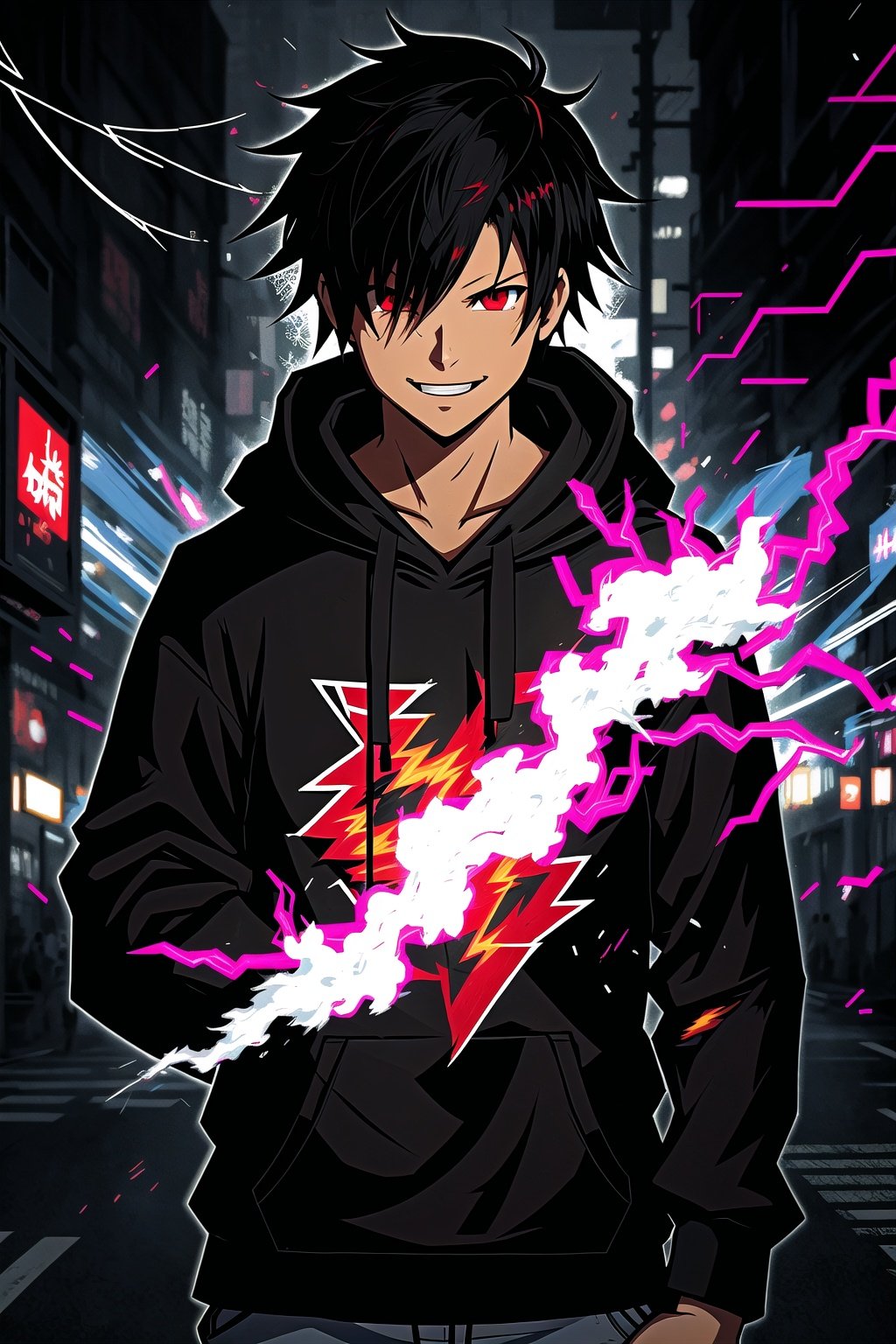 pixel art, guiltys, smiling, a boy, red eyes, black hair, posing, upper body, hoody on, (bokeh:1.1), depth of field, by Akihiko Yoshida, tracers, vfx, splashes, lightning, light particles, thematic background, illustration, poster,hyperanim