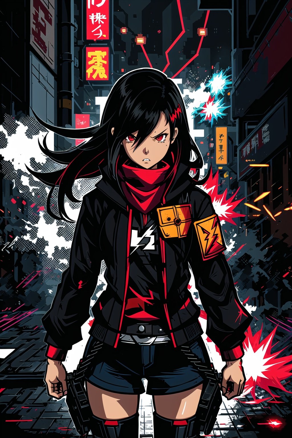 pixel art, guiltys, angry, a girl, red eyes, black hair, posing, upper body, (bokeh:1.1), depth of field, by Akihiko Yoshida, tracers, vfx, splashes, lightning, light particles, thematic background, illustration, poster,hyperanim