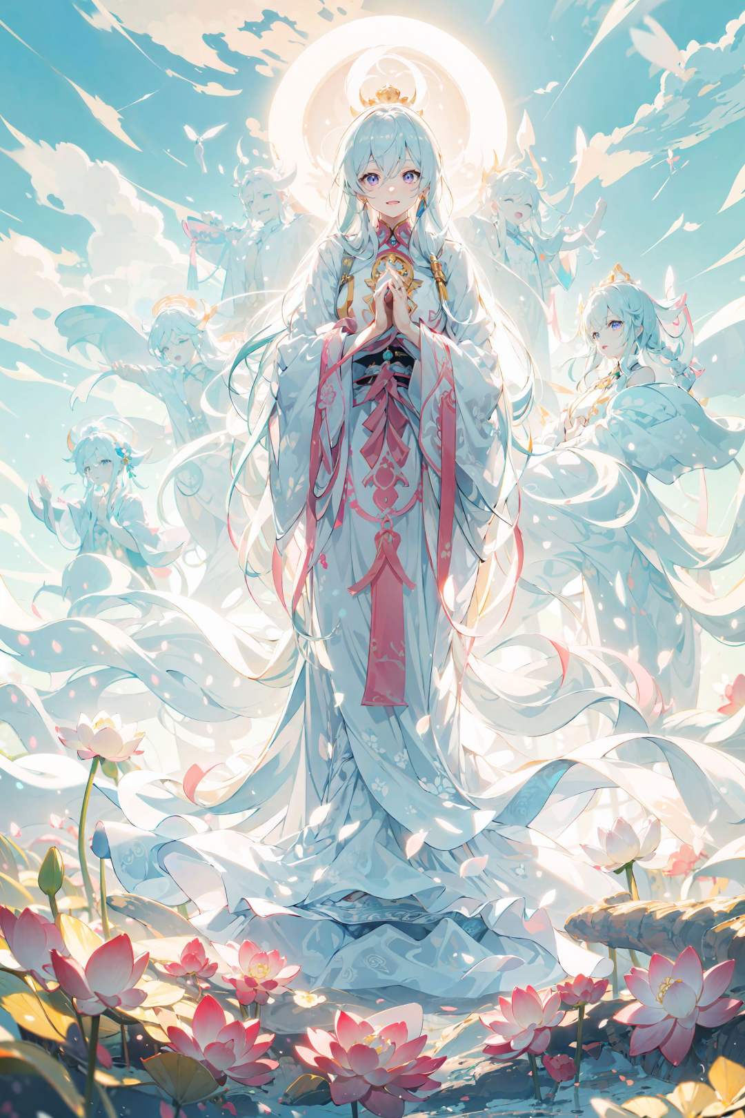 masterpiece, best quality,PIXIV,guanyin,Elaina,Lotus throne,She is sitting on a lotus throne,own hands together,Behind her is a giant glowing Buddha ,Thousand-Hand Kwan-yin，purple eyes,<lora:guanyin_20230801144229:0.4>