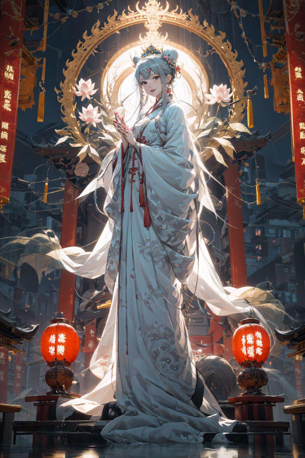 guanyin,flower, 1girl, chinese clothes, holding, jewelry, hanfu, candle, dress, looking at viewer, earrings, red lips, long sleeves, solo, lotus, string, white flower, grey eyes, long hair, tassel, full body, hair ornament, standing, lattice, white hair, shawl, hair bun, grey hair, updo<lora:guanyin_20230801144229-000018:1>