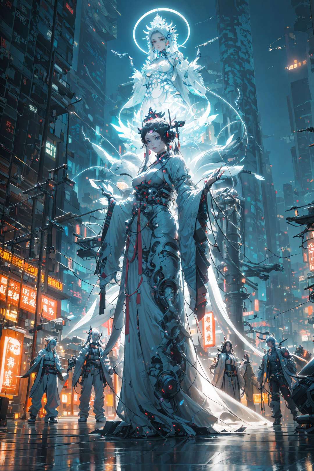 guanyin,(dramatic, gritty, intense:1.4),masterpiece, best quality, 8k, insane details, intricate details, hyperdetailed, hyper quality, high detail, ultra detailed, Masterpiece,Chinese mythology, South Sea Goddess of Mercy Bodhisattva,thousand hands Goddess of Mercy, ( Cyberpunk, Cyberpunk city:1.4),(Cyberpunk lights, light pollution:1.3), glow, white clothes, Chinese gods, Myths and Legends, smoke, tension lens, backlight, luminous clothing,(chinese style architecture),science fiction, workshop,1girl, (Beautiful and detailed facial depiction), Gloom, Sad, ((shiny skin)), {Extremely Delicate Beautiful},(Beautiful and detailed eye description), Delicate Faces, (Winter snow), (Taoist robe), (Upper body), Chinese style clothes,Chinese Han clothing,White and blue Taoist robe, (colored china dress), (hybrid), messy_hair, multicolored hair, (colored tips), shiny hair,((exoskeleton)), (mechanical joints), (mechanical parts), ((internal structure)), (detailed structure), hair rings, mechanical internal structure, delicate internal structure,(cables), (wires), (pistons), electricity, (glowing orbs), (luminous engine), energy cannon, (energy core), (cables connected to body), (wire connected to body), (robotic arms), ((Electronic collar)),Pauldrons, (Scapular cannon), screws, piugs, ventilator fans, 3d, 3d render, beautifully lit, ray tracing,scattered particles, emotionless, Slim waist, outdoors, detailed background, (neon lights), lighting face, full body,Buddha，