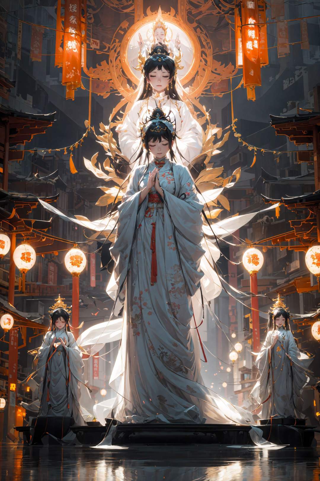 guanyin,dress, 1girl, long sleeves, jewelry, long hair, reflection, solo, white dress, hair ornament, standing, statue, looking at viewer, full body, closed eyes, closed mouth<lora:guanyin_20230801144229-000018:0.5>