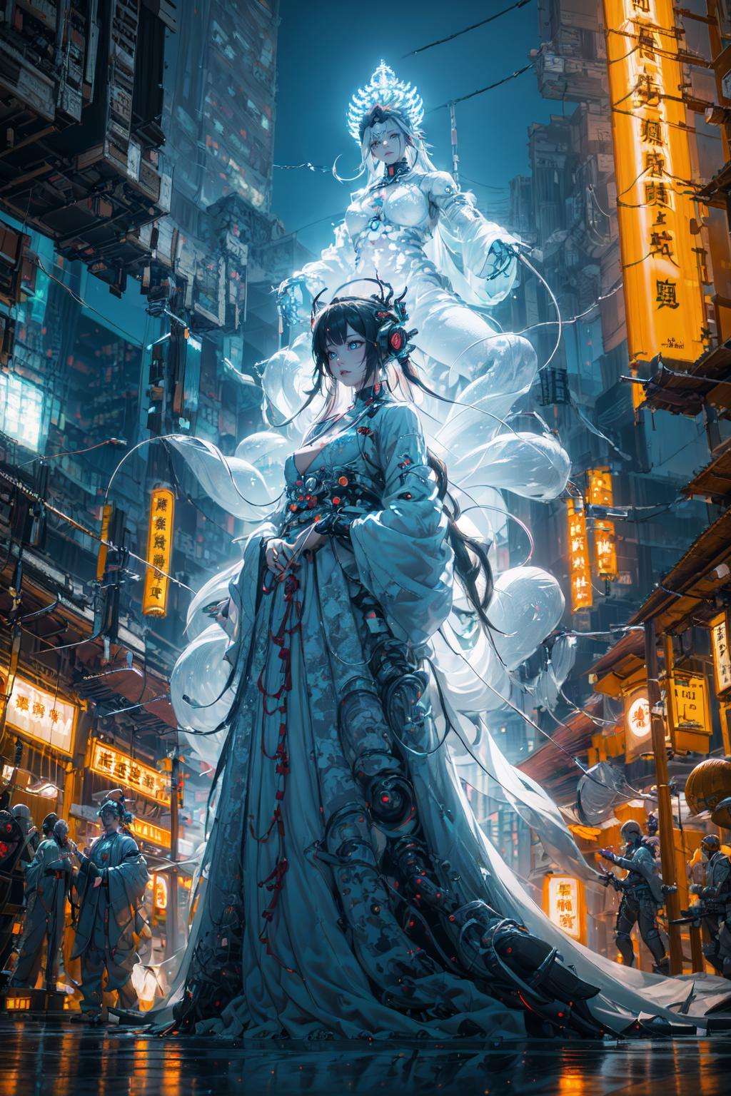 guanyin,(dramatic, gritty, intense:1.4),masterpiece, best quality, 8k, insane details, intricate details, hyperdetailed, hyper quality, high detail, ultra detailed, Masterpiece,Chinese mythology, South Sea Goddess of Mercy Bodhisattva,thousand hands Goddess of Mercy, ( Cyberpunk, Cyberpunk city:1.4),(Cyberpunk lights, light pollution:1.3), glow, white clothes, Chinese gods, Myths and Legends, smoke, tension lens, backlight, luminous clothing,(chinese style architecture),science fiction, workshop,1girl, (Beautiful and detailed facial depiction), Gloom, Sad, ((shiny skin)), {Extremely Delicate Beautiful},(Beautiful and detailed eye description), Delicate Faces, (Winter snow), (Taoist robe), (Upper body), Chinese style clothes,Chinese Han clothing,White and blue Taoist robe, (colored china dress), (hybrid), messy_hair, multicolored hair, (colored tips), shiny hair,((exoskeleton)), (mechanical joints), (mechanical parts), ((internal structure)), (detailed structure), hair rings, mechanical internal structure, delicate internal structure,(cables), (wires), (pistons), electricity, (glowing orbs), (luminous engine), energy cannon, (energy core), (cables connected to body), (wire connected to body), (robotic arms), ((Electronic collar)),Pauldrons, (Scapular cannon), screws, piugs, ventilator fans, 3d, 3d render, beautifully lit, ray tracing,scattered particles, emotionless, Slim waist, outdoors, detailed background, (neon lights), lighting face, full body,Buddha，