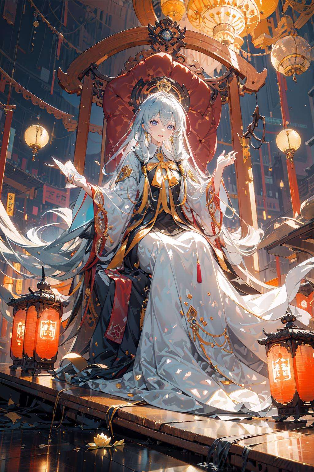 masterpiece, best quality,PIXIV,guanyin,Elaina,Lotus throne,She is sitting on a lotus throne,Behind her is a giant glowing Buddha  <lora:guanyin_20230801144229:0.8>