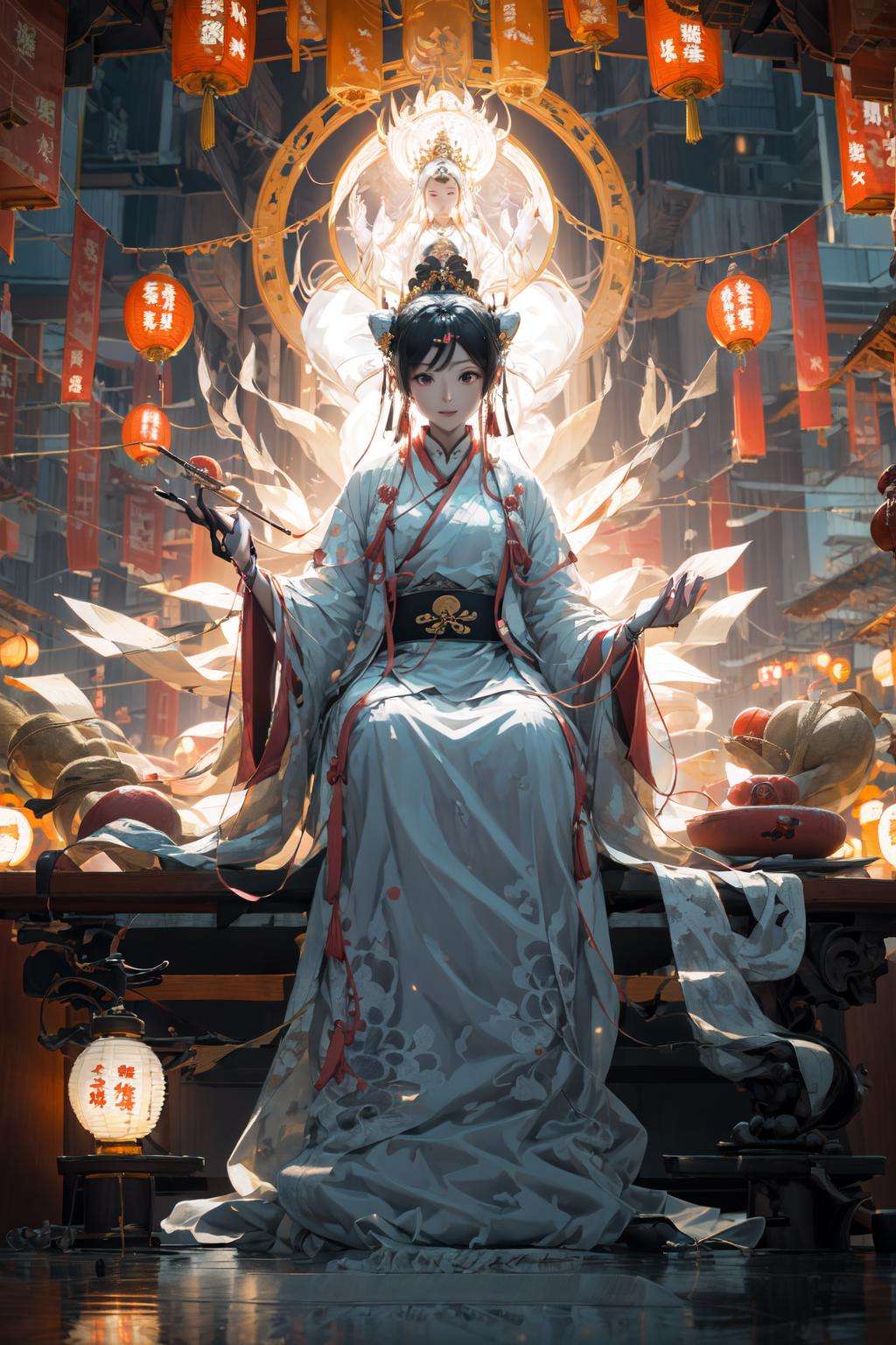 guanyin,hanfu, lantern, chinese clothes, sitting, black hair, jewelry, holding, earrings, 1girl, scroll, looking at viewer, long sleeves, solo, hair ornament, full body, indoors, paper lantern, architecture, shawl, hair bun, tassel, smoking pipe, robe<lora:guanyin_20230801144229-000018:1>